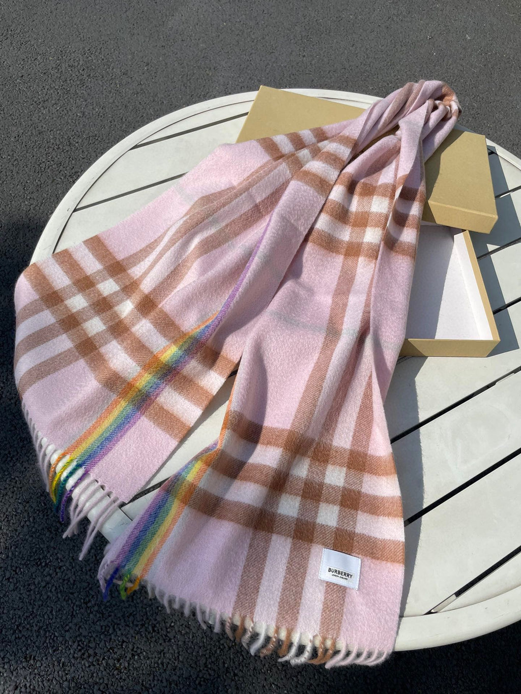 BURBERRY CHECK SCARF 200 CM IN LIGHT PINK MIX CAMEL BROWN CASHMERE 394750