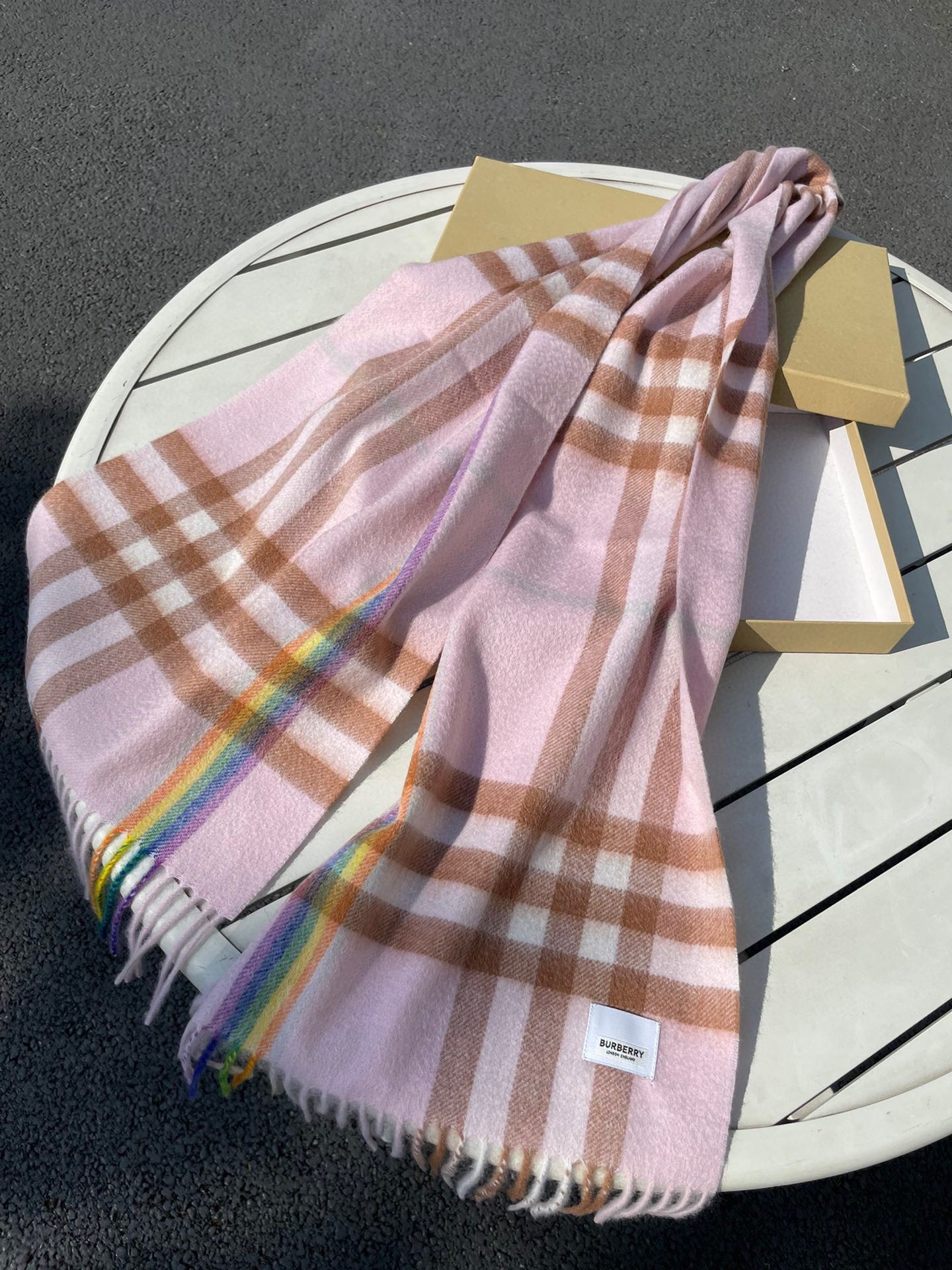 BURBERRY CHECK SCARF 200 CM IN LIGHT PINK MIX CAMEL BROWN CASHMERE 394750