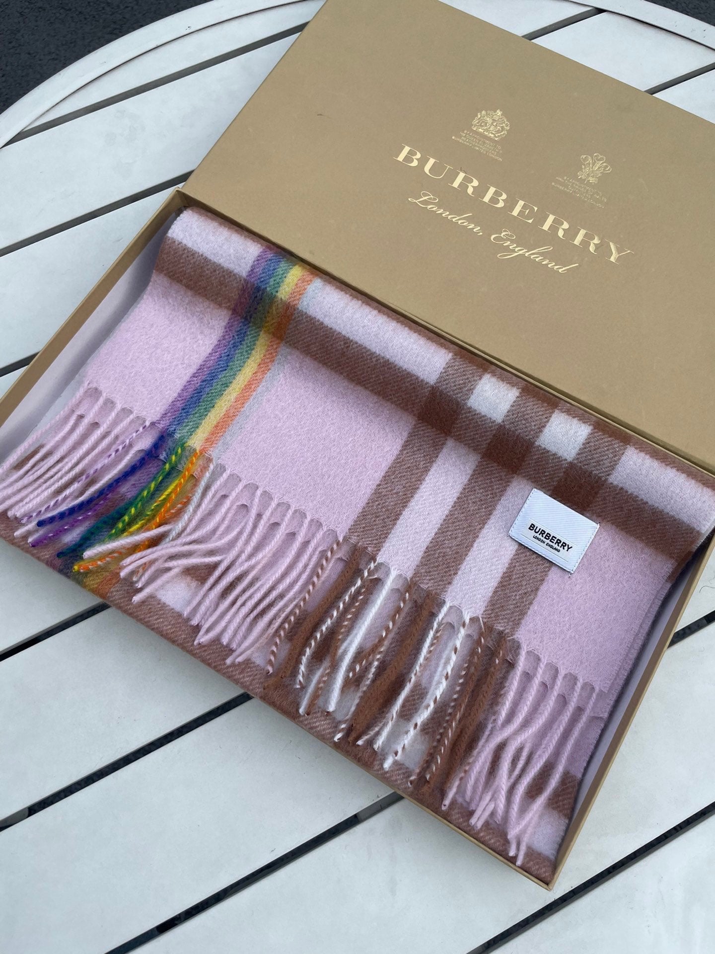 BURBERRY CHECK SCARF 200 CM IN LIGHT PINK MIX CAMEL BROWN CASHMERE 394750