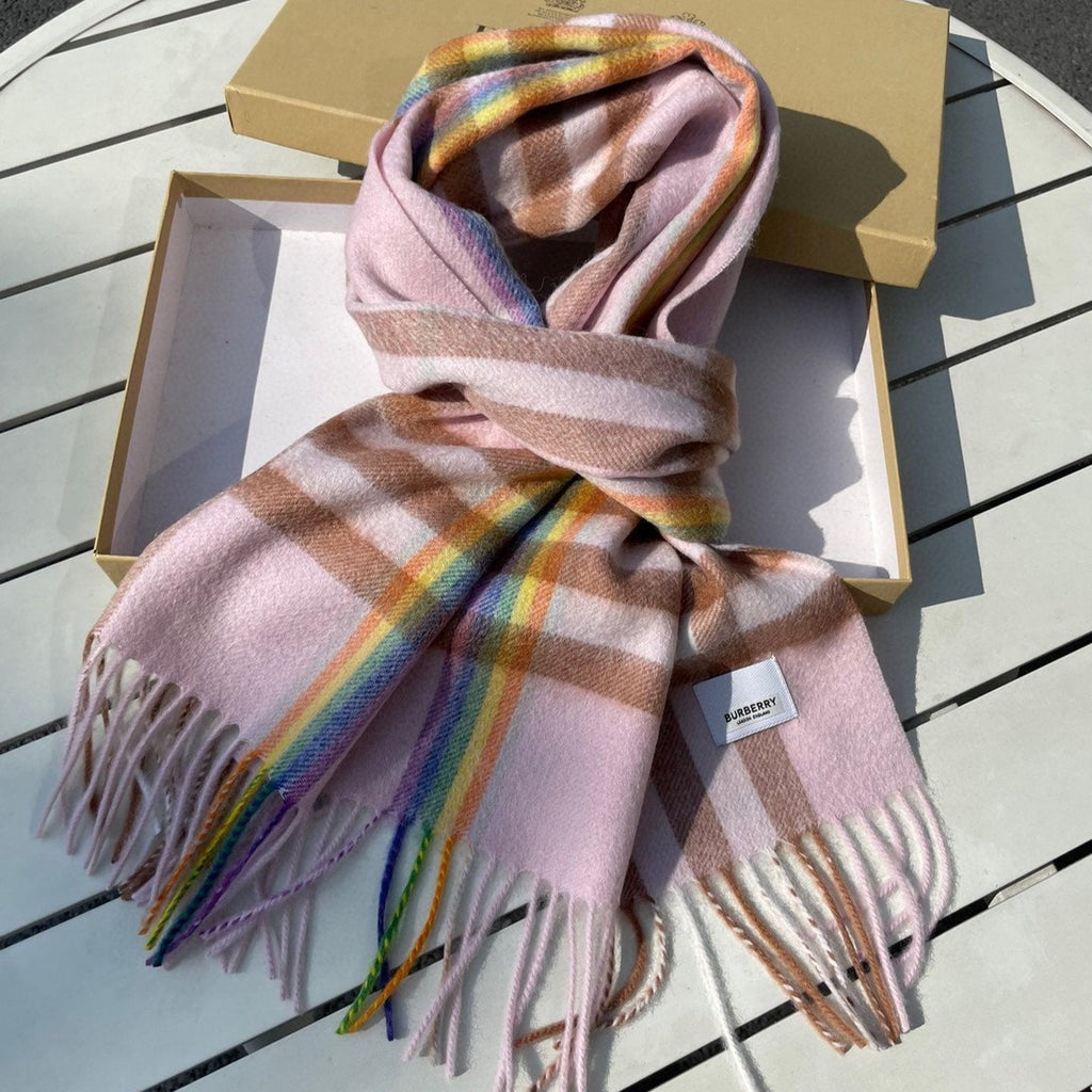 BURBERRY CHECK SCARF 200 CM IN LIGHT PINK MIX CAMEL BROWN CASHMERE 394750