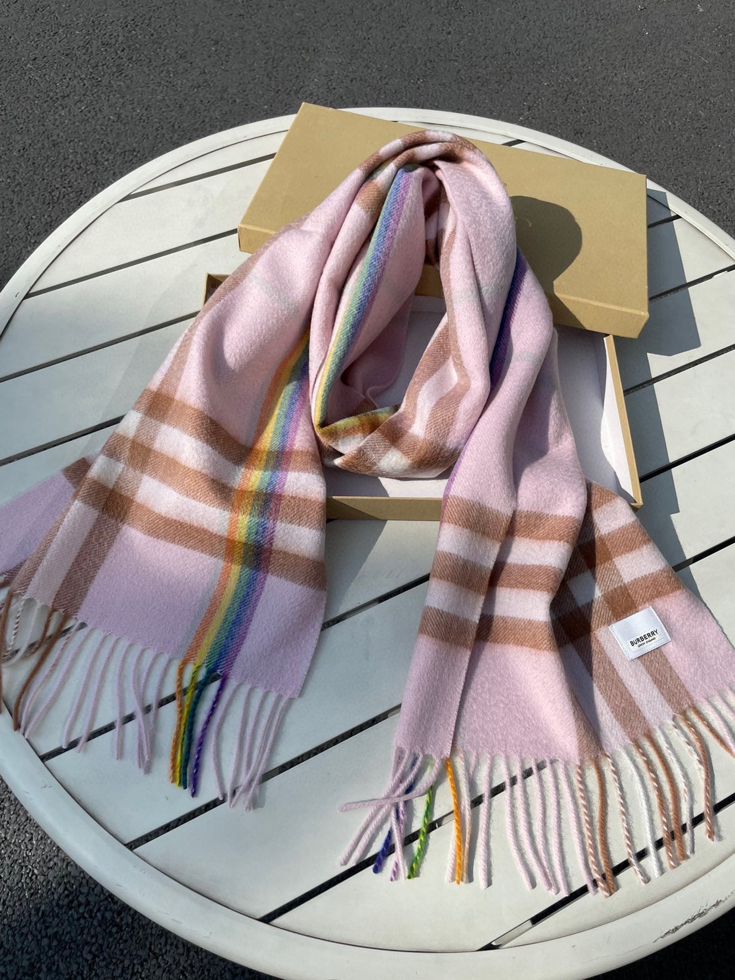 BURBERRY CHECK SCARF 200 CM IN LIGHT PINK MIX CAMEL BROWN CASHMERE 394750