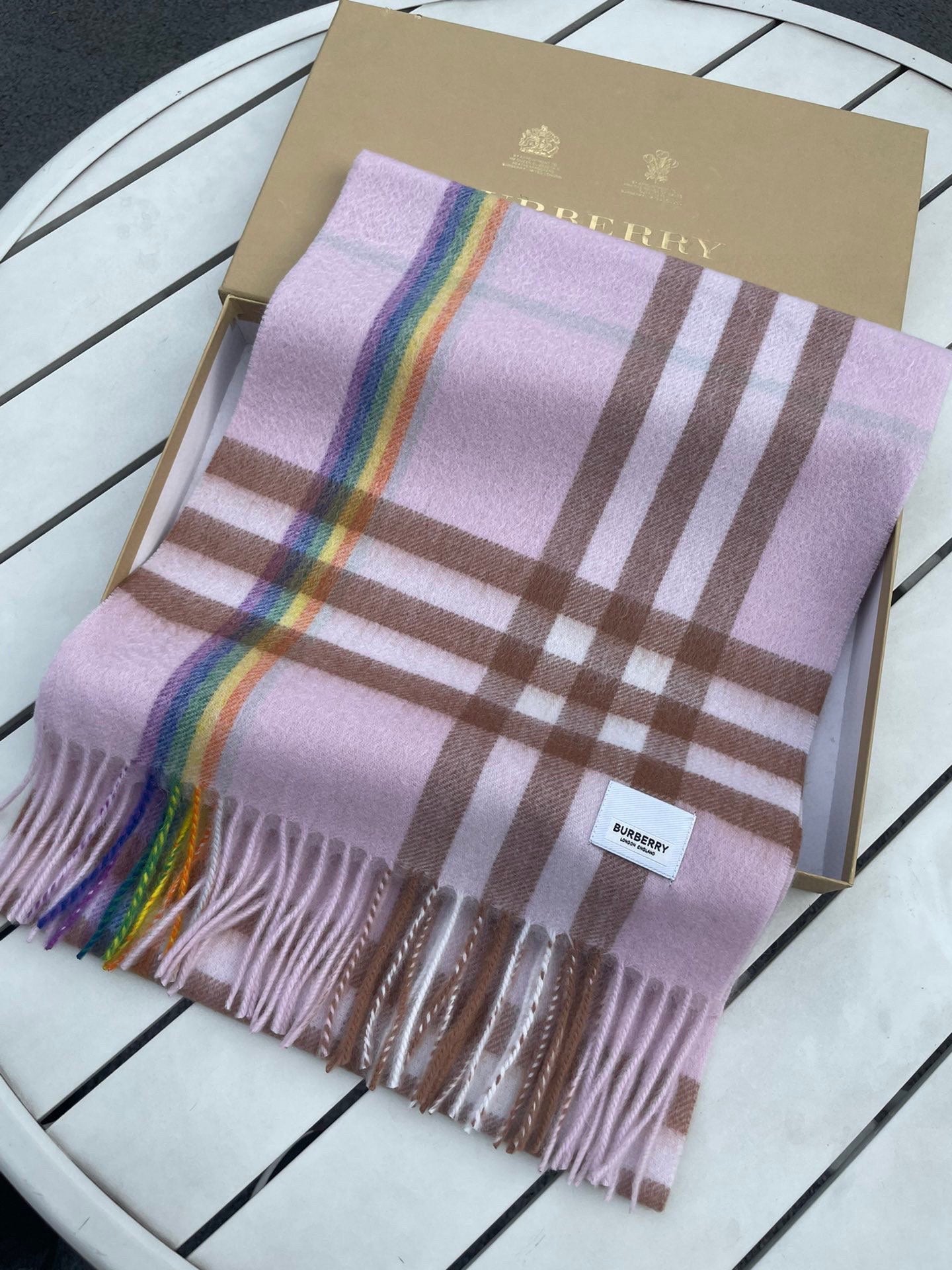 BURBERRY CHECK SCARF 200 CM IN LIGHT PINK MIX CAMEL BROWN CASHMERE 394750