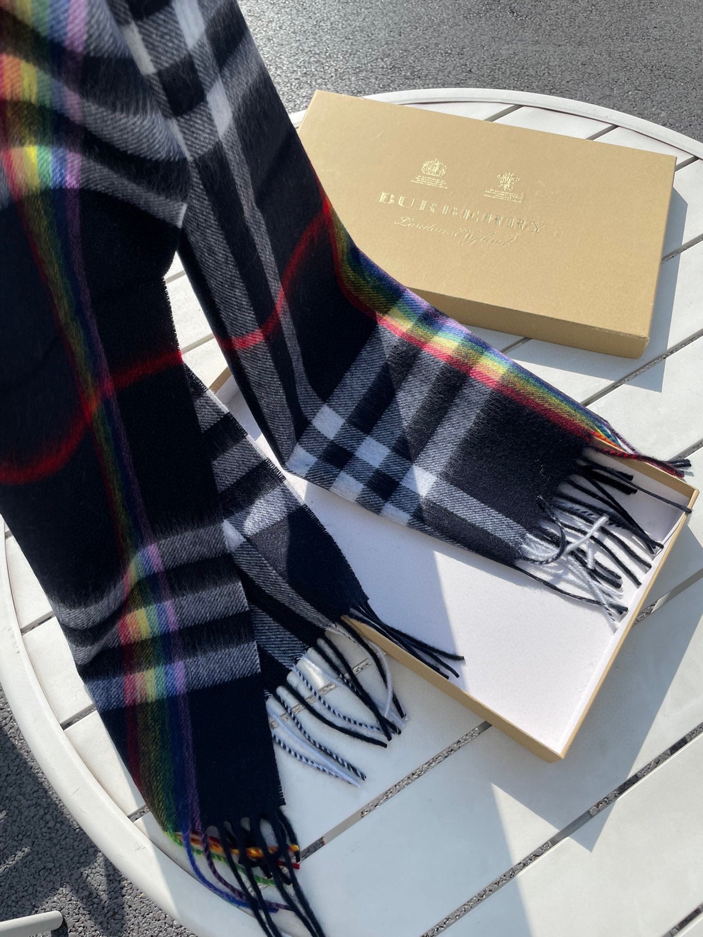 BURBERRY CHECK SCARF 200 CM IN BLACK MIX DOVE GRAY CASHMERE 394751