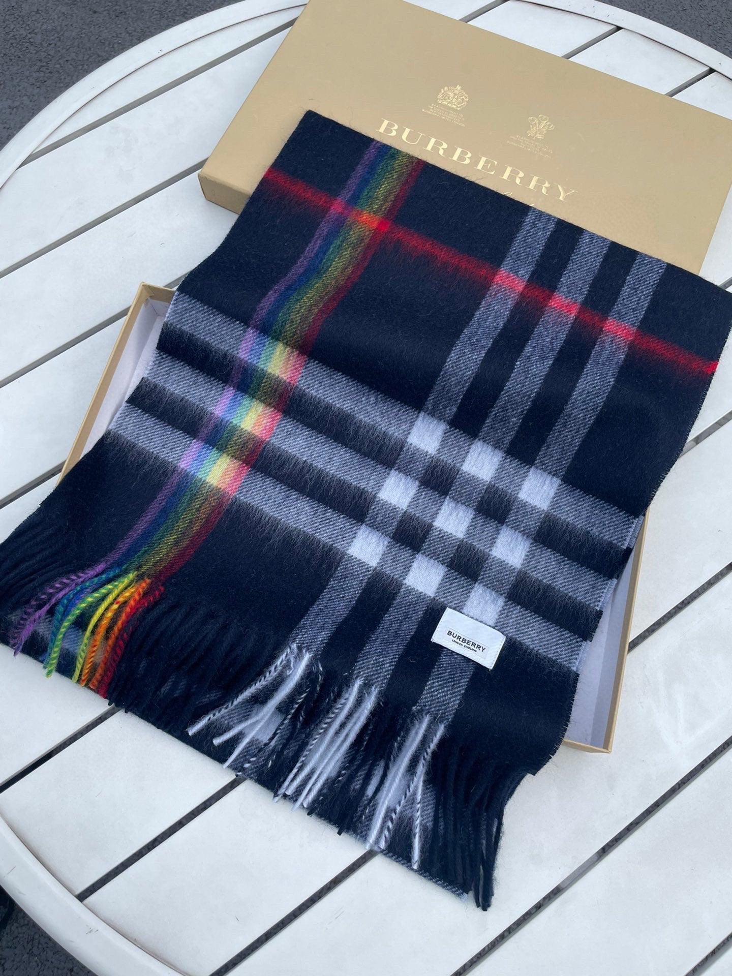 BURBERRY CHECK SCARF 200 CM IN BLACK MIX DOVE GRAY CASHMERE 394751