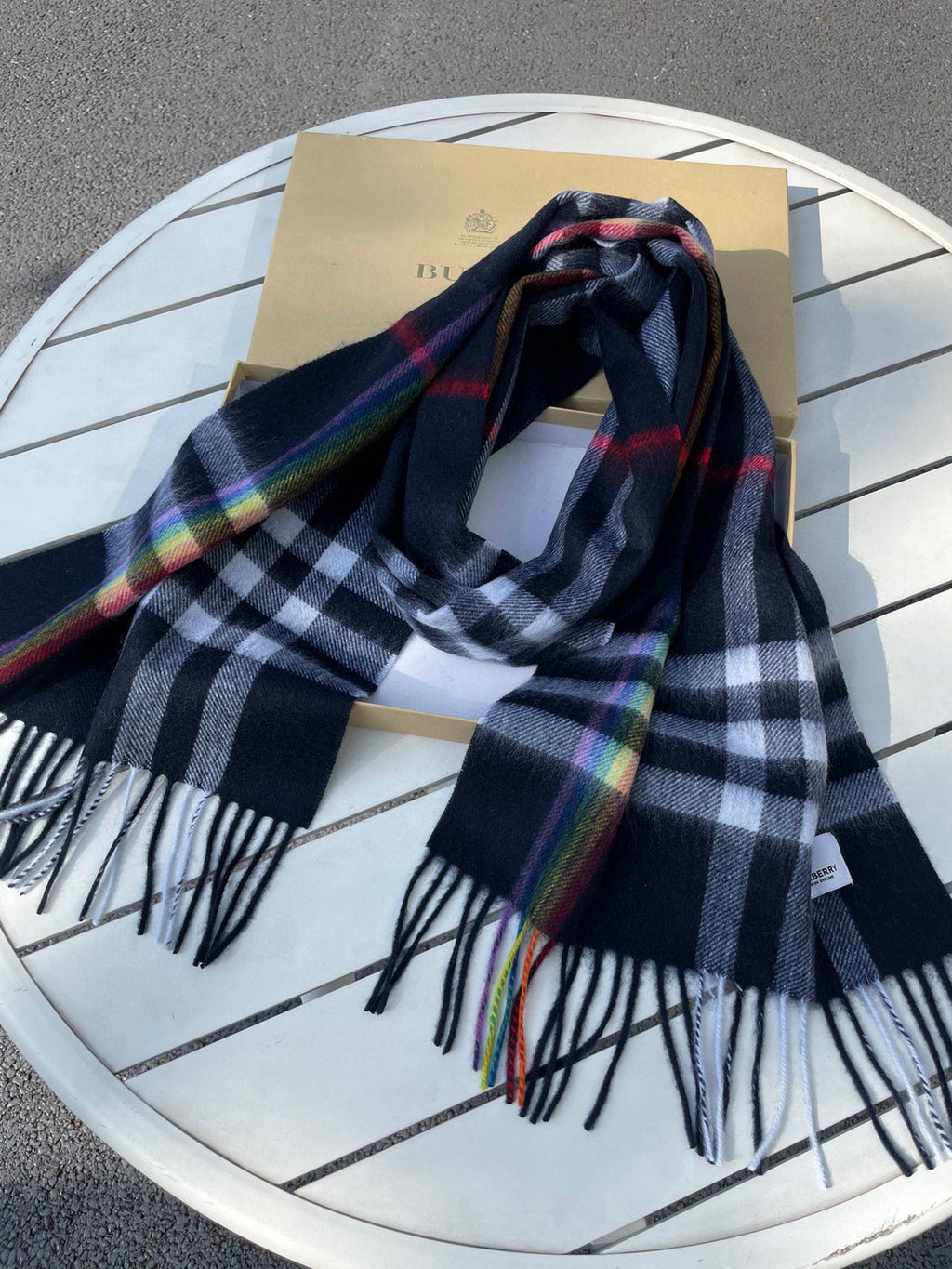BURBERRY CHECK SCARF 200 CM IN BLACK MIX DOVE GRAY CASHMERE 394751