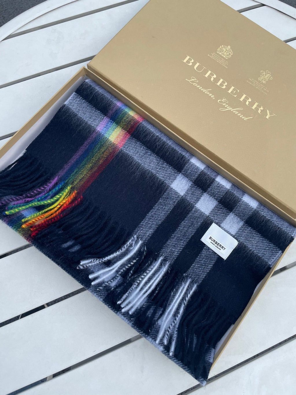 BURBERRY CHECK SCARF 200 CM IN BLACK MIX DOVE GRAY CASHMERE 394751