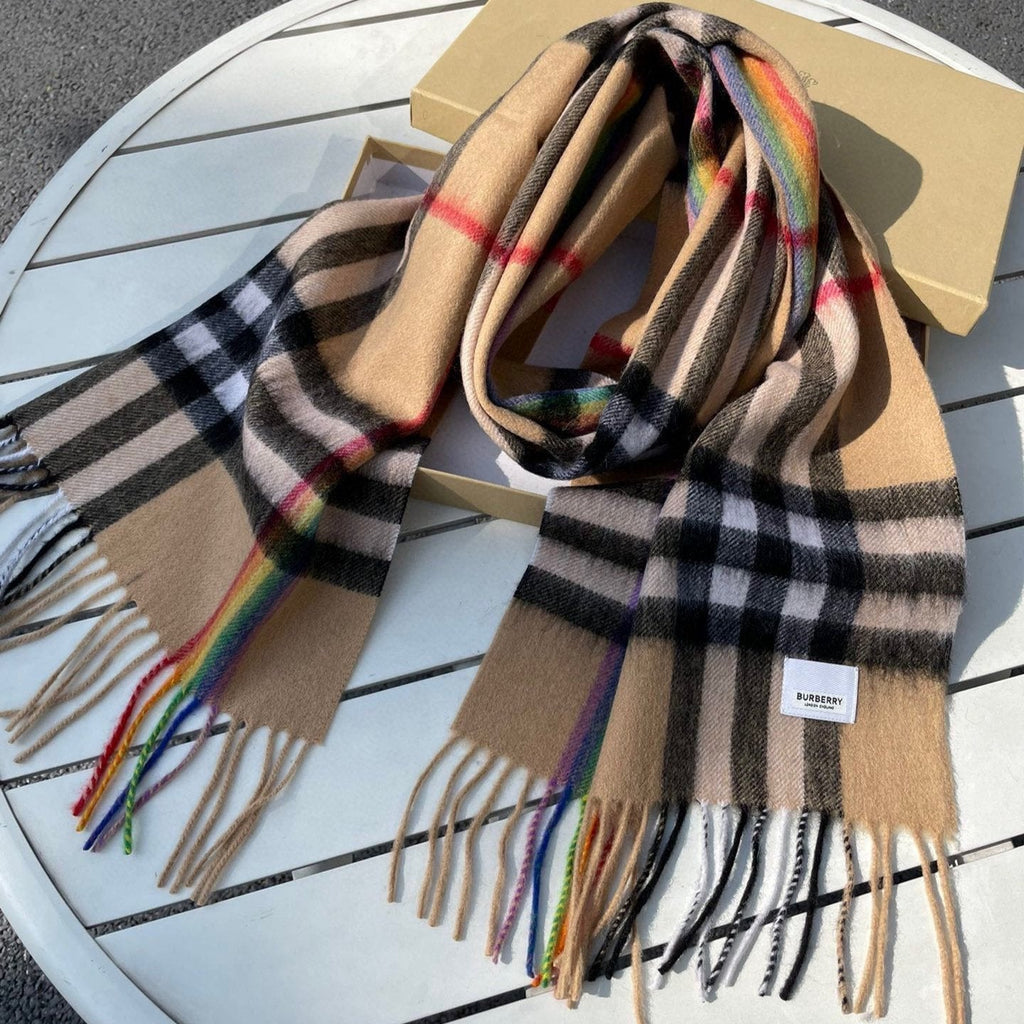 BURBERRY CHECK SCARF 200 CM IN CAMEL BEIGE MIX BLACK CASHMERE 394753