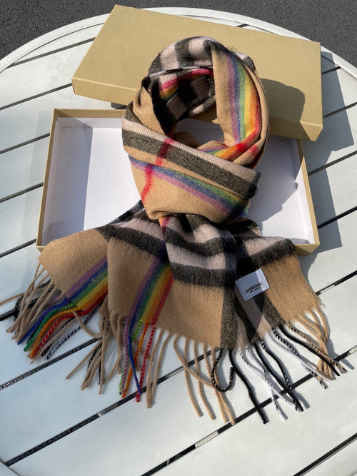 BURBERRY CHECK SCARF 200 CM IN CAMEL BEIGE MIX BLACK CASHMERE 394753