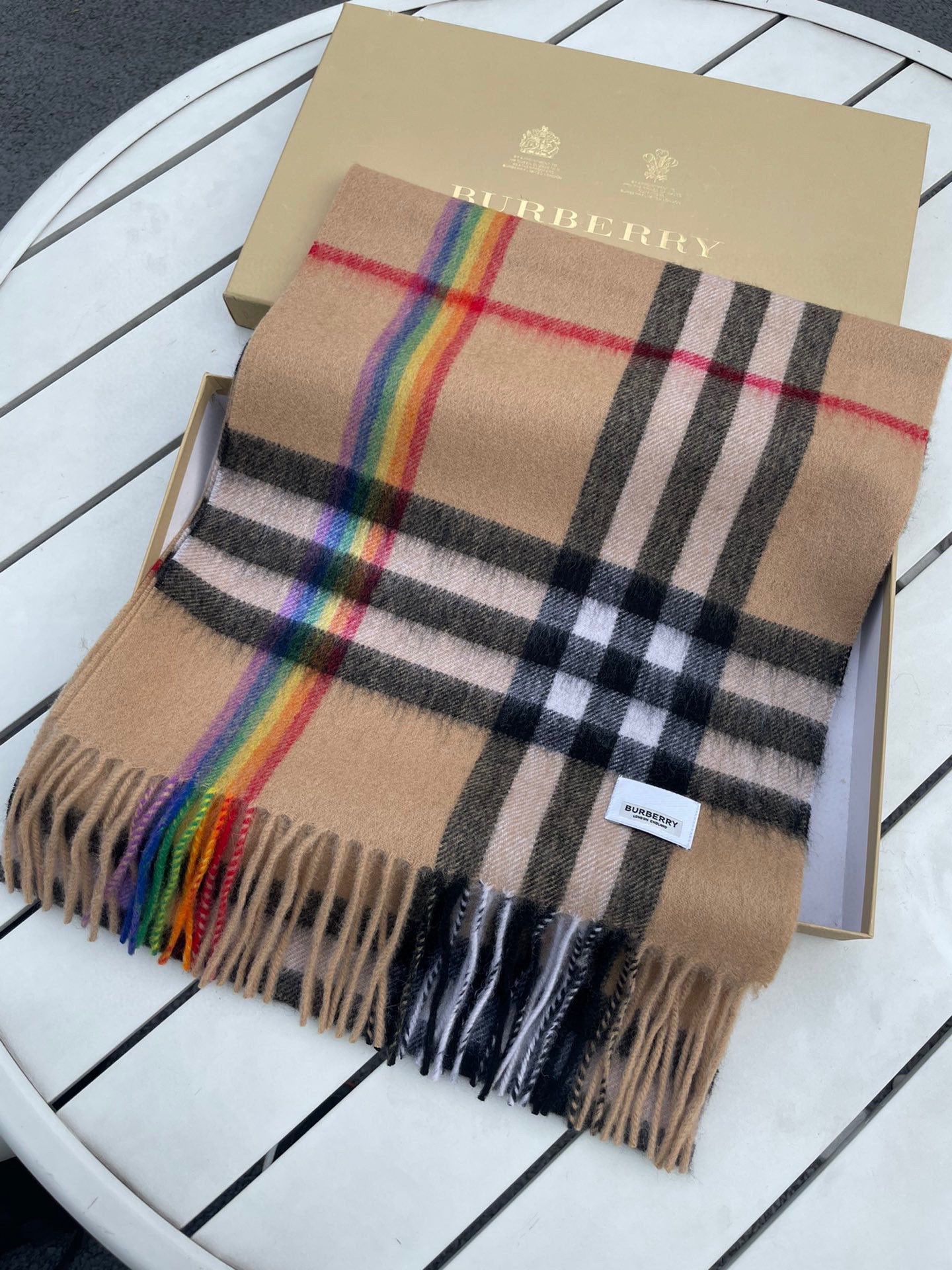 BURBERRY CHECK SCARF 200 CM IN CAMEL BEIGE MIX BLACK CASHMERE 394753